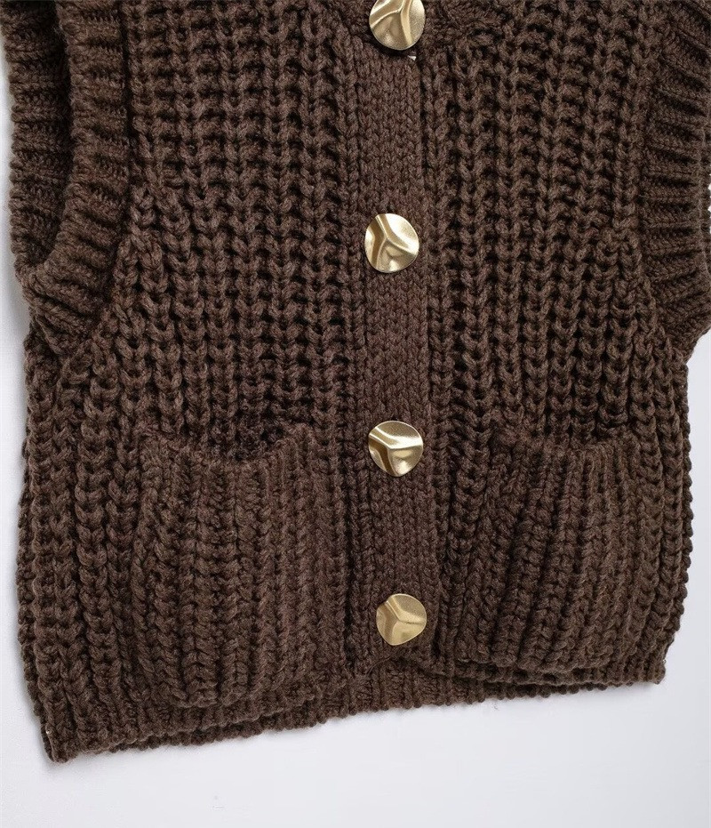 Gilet En Maille Courte Et Épaisse Pour Femme, Polyvalent Au Quotidien, Avec Boutons Dorés h5Image3