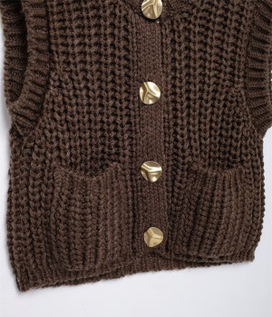 Gilet En Maille Courte Et Épaisse Pour Femme, Polyvalent Au Quotidien, Avec Boutons Dorés h5 Image3