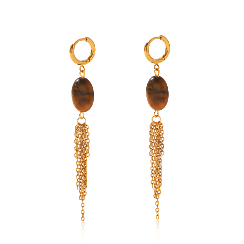 Boucles D'Oreilles Pendantes Pour Femme, Style Simple Series Daily Heart, En Acier Inoxydable, Étanches, Couleur Or, Avec Pompon Et Pierre Naturelle.