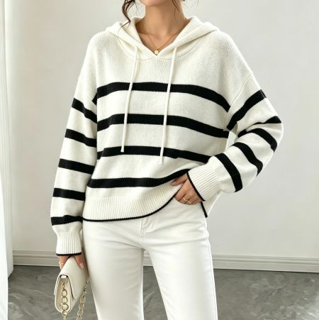Pull à capuche rayé minimaliste et décontracté pour femme, en maille, polyvalent