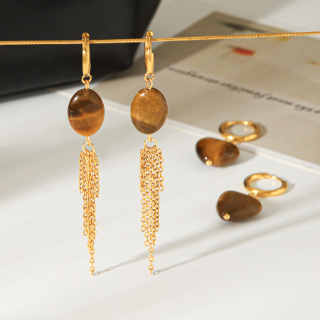 Boucles d'oreilles pendantes pour femme, style Simple Series Daily Heart, en acier inoxydable, étanches, couleur or, avec pompon et pierre naturelle. 2