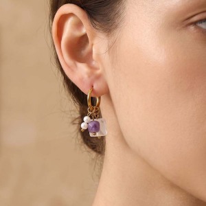 Boucles D'Oreilles Pendantes Pour Femme, Style Romantique, En Acier Inoxydable Rectangulaire, Étanches, Couleur Or, Avec Pierres Naturelles. h5 Image3