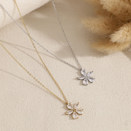 Colliers Pendentifs Pour Femmes En Acier Inoxydable, Étanches, Couleur Or, Avec Zircon Et Motif Floral