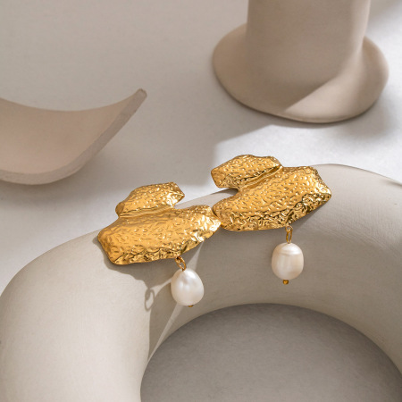 Boucles d'oreilles pendantes pour femme, en acier inoxydable doré, forme géométrique, imperméables, perles d'eau douce 2