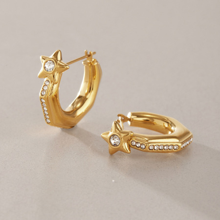Boucles d'oreilles créoles pour femmes, forme géométrique simple en étoile, en acier inoxydable étanche, couleur or, ornées de strass. 2