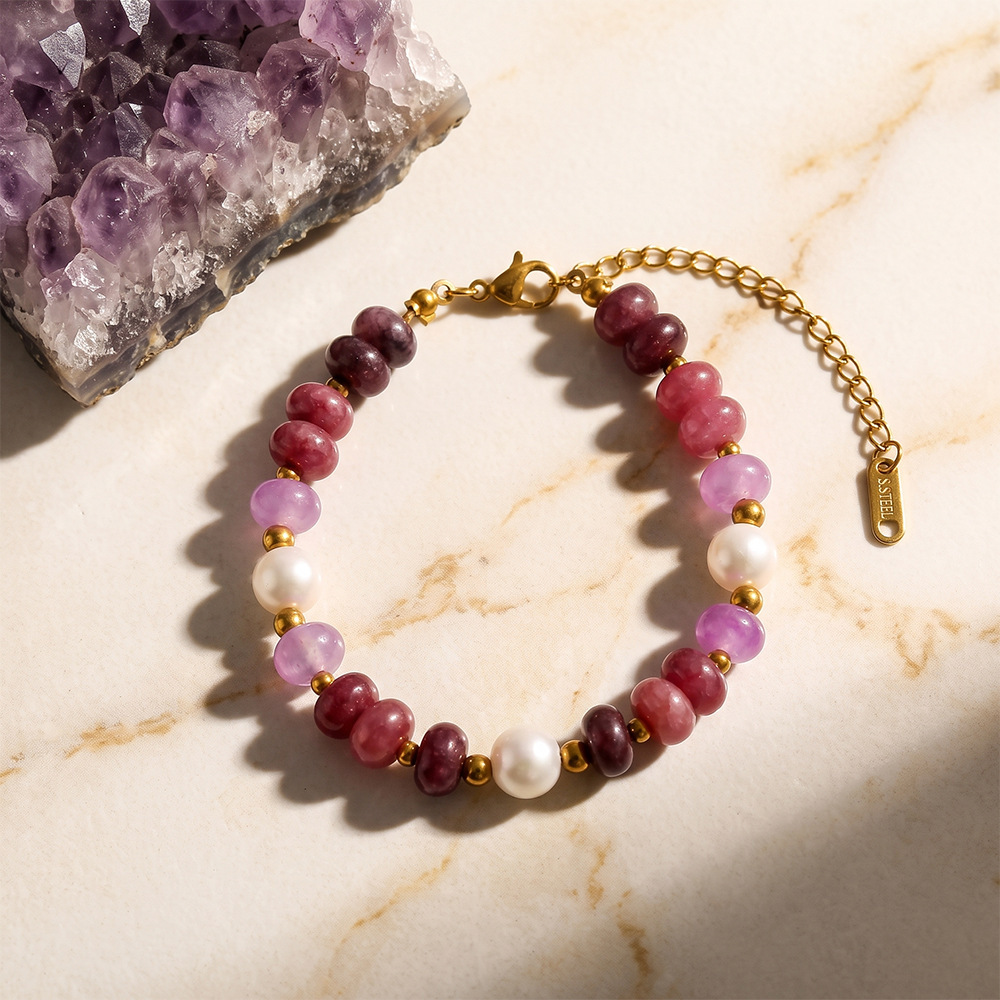 Bracelets À Perles Pour Femmes, Style Rétro, Couleur Unie, Pierres Naturelles Et Or. Image4