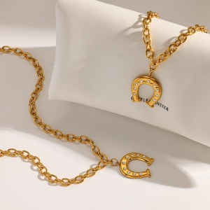 Ensemble De Collier Pour Femme En Acier Inoxydable En Forme De Fer À Cheval, Étanche, Couleur Or Et Strass h5 Image4