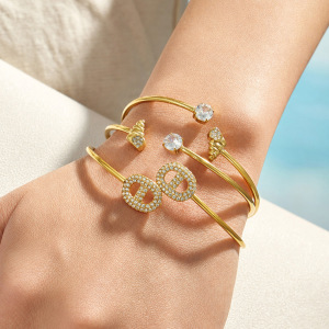 Bracelets Manchettes Pour Femmes En Acier Inoxydable, Forme Géométrique, Étanches, Couleur Or, Avec Zircon. h5 Image2