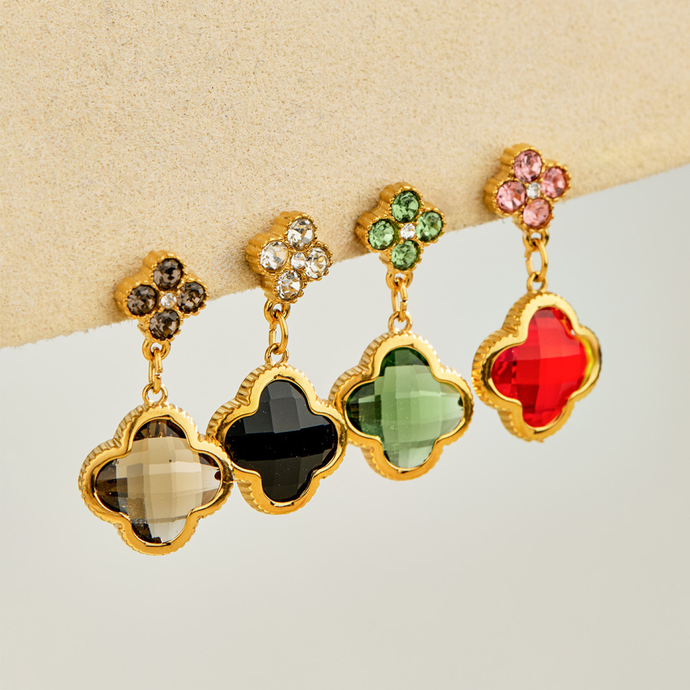 Boucles D'Oreilles Pendantes Pour Femme, Élégantes Et Raffinées, En Forme De Fleur De Verre, En Acier Inoxydable Étanche, Couleur Or Et Zircon. Collection Luxueuse Image2