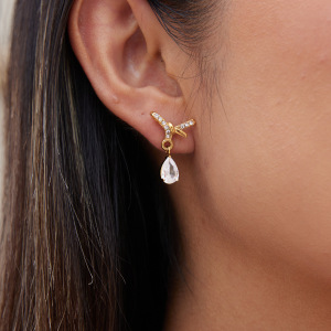 Boucles D'Oreilles Pendantes Pour Femme En Acier Inoxydable Doré, Imperméables, Avec Nœud Papillon, Strass Et Zircon. h5 Image5