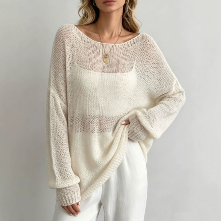 Pull décontracté uni en maille acrylique transparente et ample
