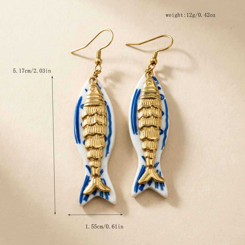 Boucles D'Oreilles Pendantes Pour Femmes, Motif Poisson De Vacances, En Acier Inoxydable Et Résine Couleur Or Image4