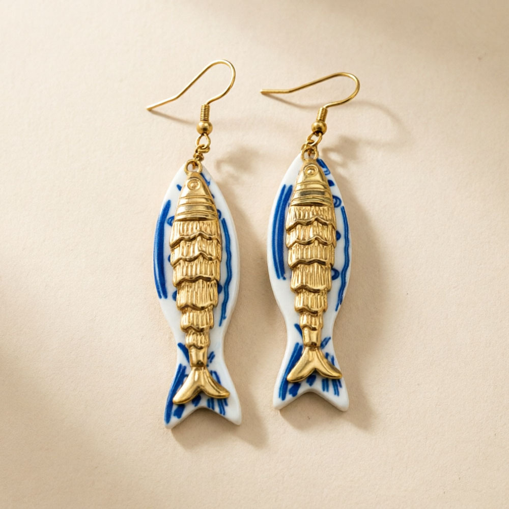 Boucles D'Oreilles Pendantes Pour Femmes, Motif Poisson De Vacances, En Acier Inoxydable Et Résine Couleur Or 