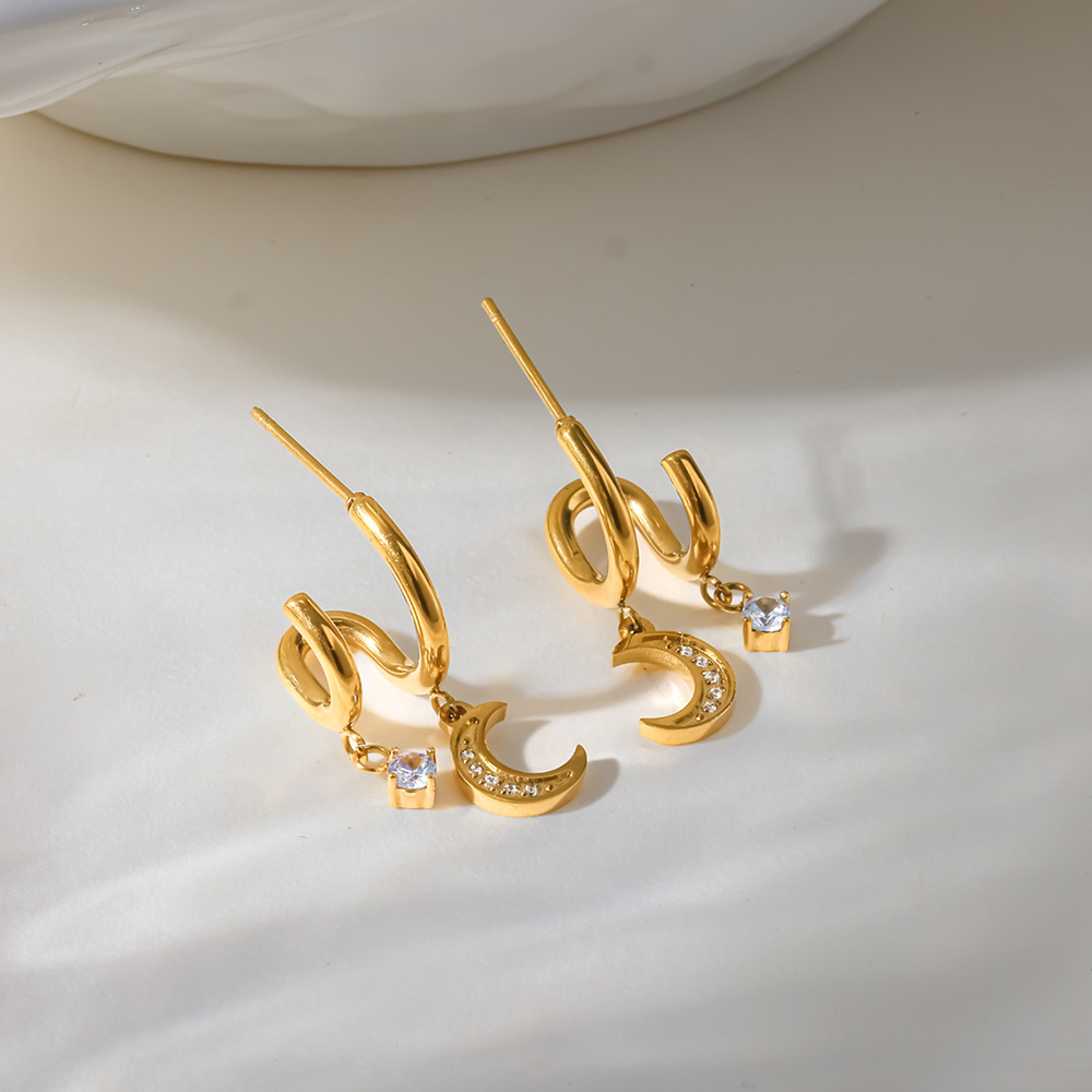 Boucles D'Oreilles Puces Pour Femmes, Collection Romantic Series Daily Lines Moon, En Acier Inoxydable, Couleur Or, Étanches, Avec Zircon. Image2