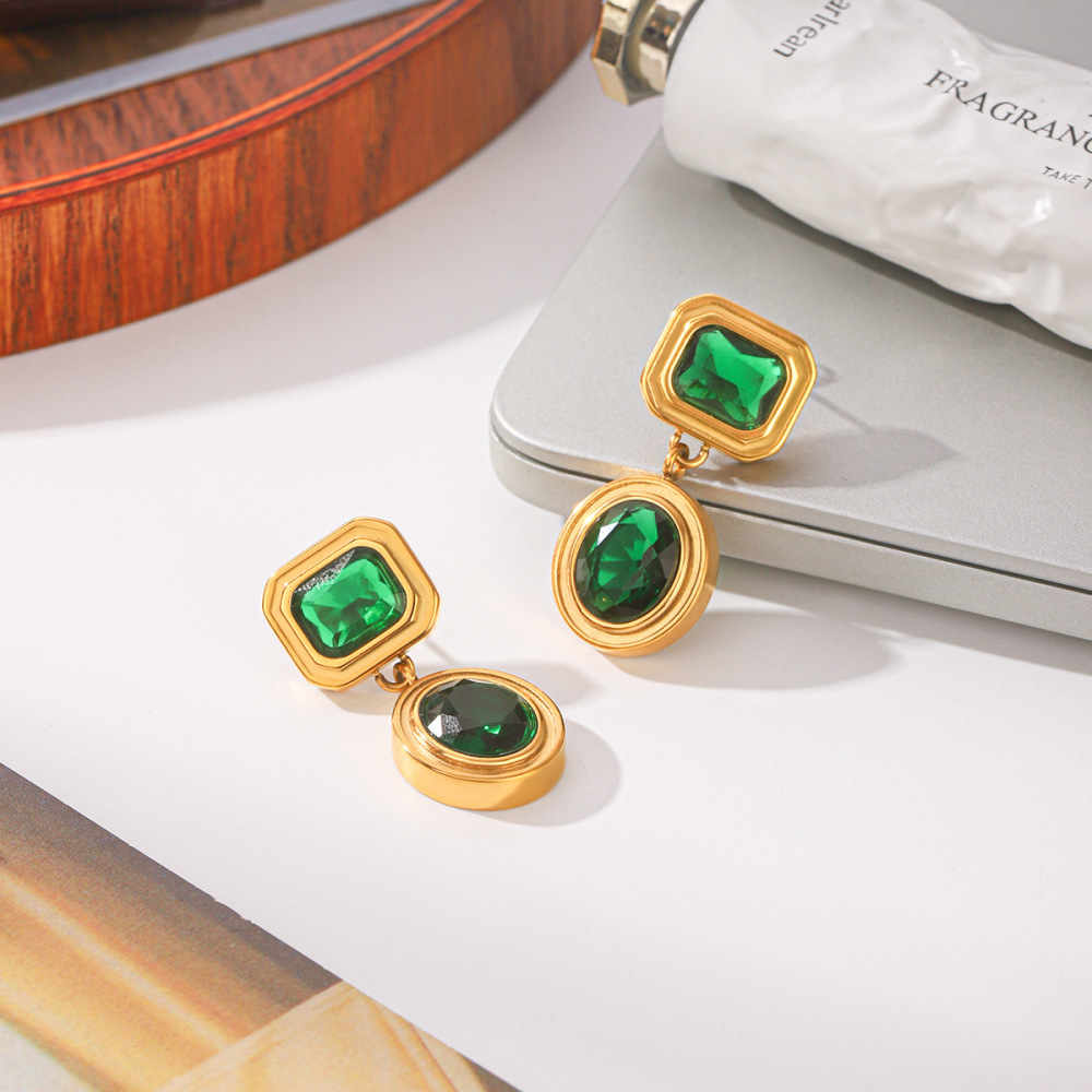 Boucles D'Oreilles Pendantes Rectangulaires Pour Femmes, En Acier Inoxydable Étanche, Couleur Or, Avec Zircon. Image3