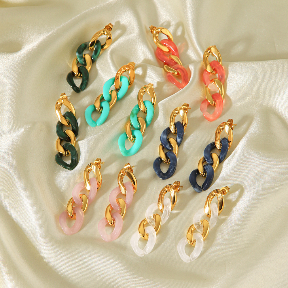 Boucles D'Oreilles Pendantes Pour Femmes En Acier Inoxydable, Imperméables Et En Résine, En Forme De Chaîne. Image3