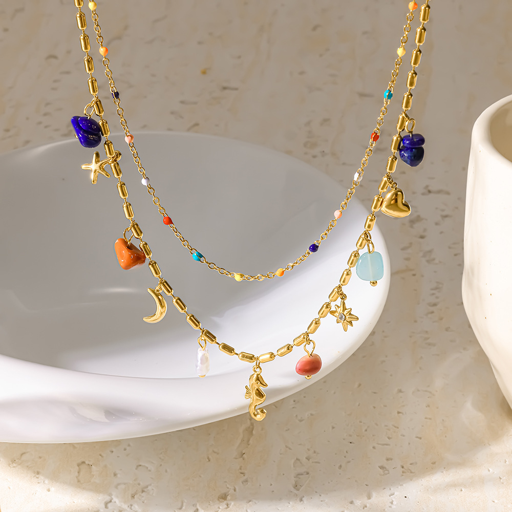 Colliers Pendentifs Unisexes En Acier Inoxydable, Couleur Or, Avec Pendentif Étoile De Mer Et Lune Quotidienne De La Série Romantique Image2