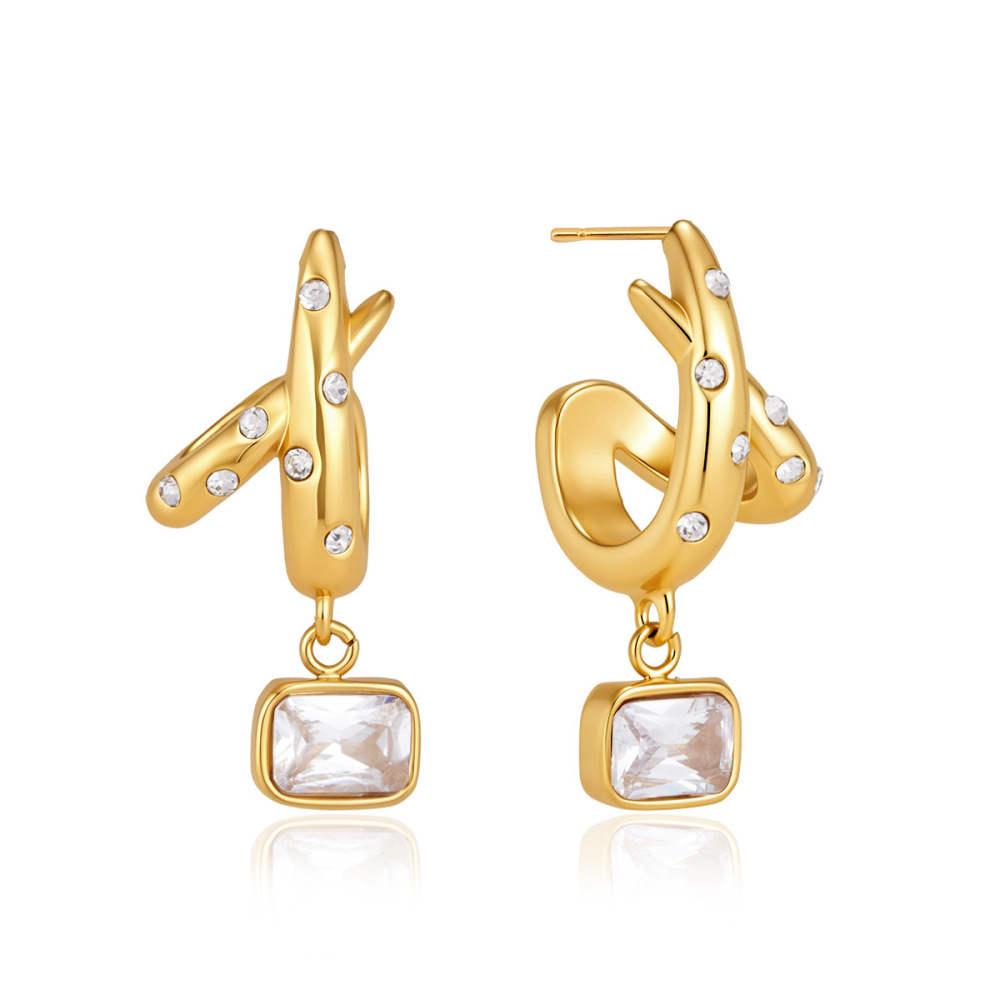 Boucles D'Oreilles Pendantes Pour Femme, Forme Géométrique, En Acier Inoxydable, Couleur Or, Étanches, Ornées De Strass Et De Zircon. Image6