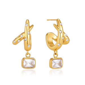 Boucles D'Oreilles Pendantes Pour Femme, Forme Géométrique, En Acier Inoxydable, Couleur Or, Étanches, Ornées De Strass Et De Zircon. h5 Image6
