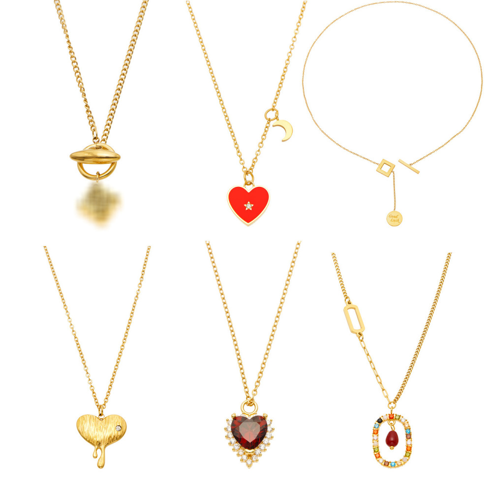 Colliers Pendentifs Pour Femmes En Acier Inoxydable Doré, Ornés D'Un Zircon Et D'Un Cœur Doux, Collection Simple Series Image4