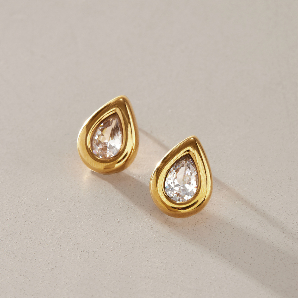 Boucles D'Oreilles Puces Pour Femmes, Collection Simple, Élégantes, En Acier Inoxydable, Couleur Or, Avec Zircon Et Chaîne Goutte D'Eau. Image4