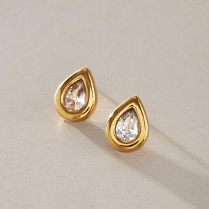 Boucles D'Oreilles Puces Pour Femmes, Collection Simple, Élégantes, En Acier Inoxydable, Couleur Or, Avec Zircon Et Chaîne Goutte D'Eau. h5 Image4