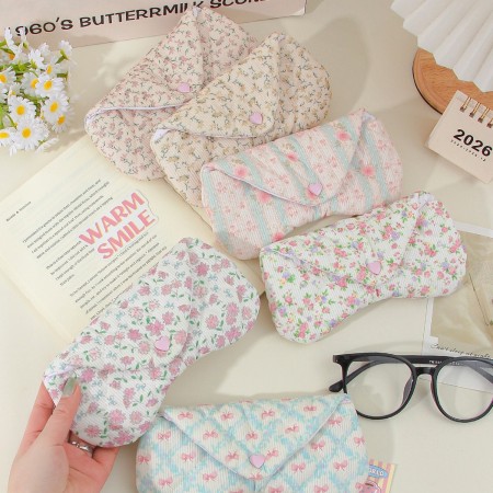 Pochette à lunettes pour femme en velours côtelé polyester à nœud papillon fleuri, collection romantique