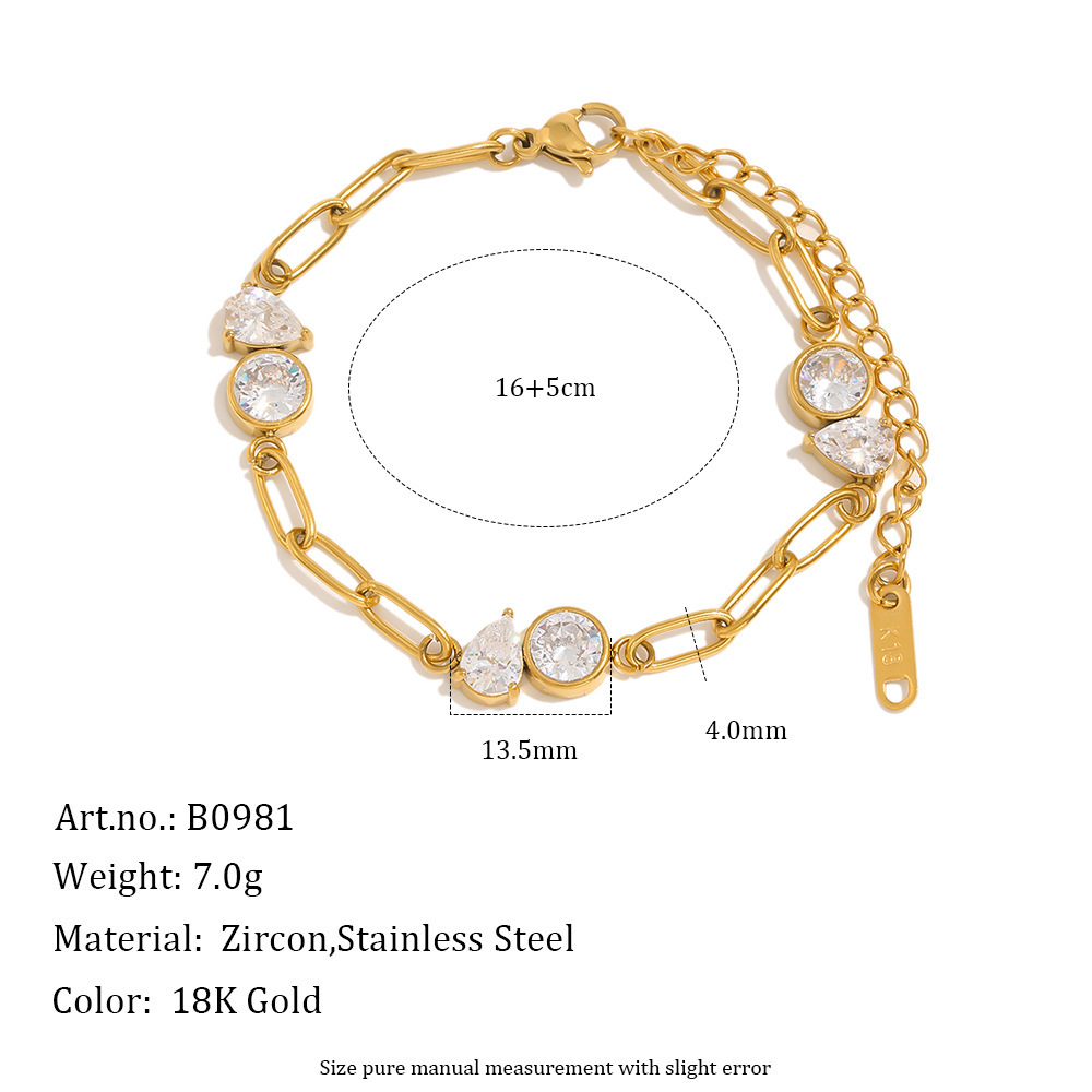 Bracelet Chaîne Élégante En Acier Inoxydable Doré Avec Zircon, Collection Luxueuse Series Elegant Droplet Chain. 