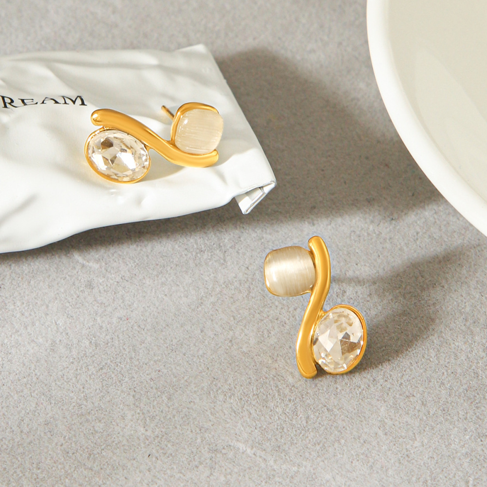 Boucles D'Oreilles Puces Pour Femmes, Collection Simple Series, Forme Irrégulière, Acier Inoxydable, Couleur Or, Étanches, Avec Pierre Naturelle h5Image5