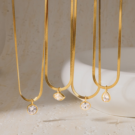 Colliers pendentifs pour femmes en acier inoxydable étanche, couleur or, forme elliptique en goutte, avec zircon 2