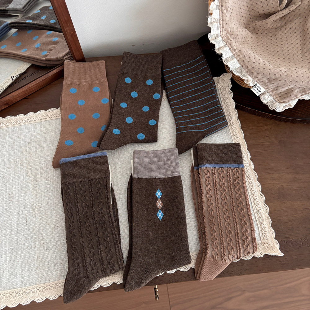Chaussettes Mi-Mollet Pour Femmes, Légèrement Rebondissantes, À Rayures Rétro Et Pois, Couleurs Contrastées Image2