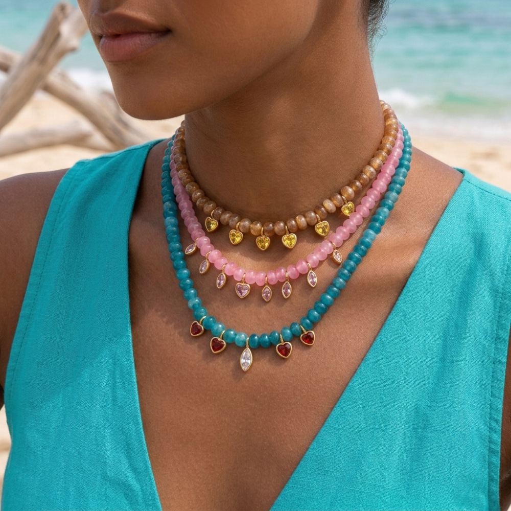 Colliers De Perles Pour Femmes, Collection Simple Series Daily Heart Beads, En Acier Inoxydable, Étanches, Couleur Or, Avec Pierres Naturelles. Image3