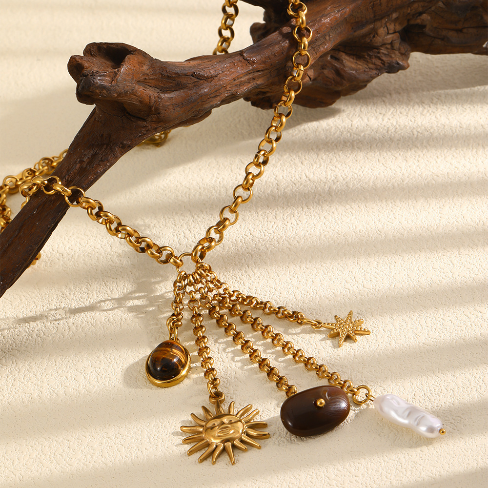 Colliers Pendentifs Pour Femmes, Série Luxueuse Rétro, Pompon Soleil, Acier Inoxydable Étanche, Couleur Or Image3