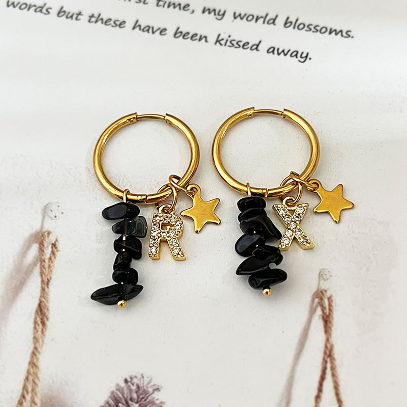 Boucles D'Oreilles Créoles Élégantes Pour Femme, Collection Romantique, Avec Perles En Forme D'Étoile Et Lettres, En Acier Inoxydable Étanche, Couleur Or Et Pierre Naturelle. Image2
