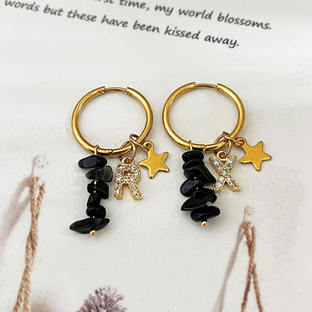 Boucles d'oreilles créoles élégantes pour femme, collection romantique, avec perles en forme d'étoile et lettres, en acier inoxydable étanche, couleur or et pierre naturelle. 2