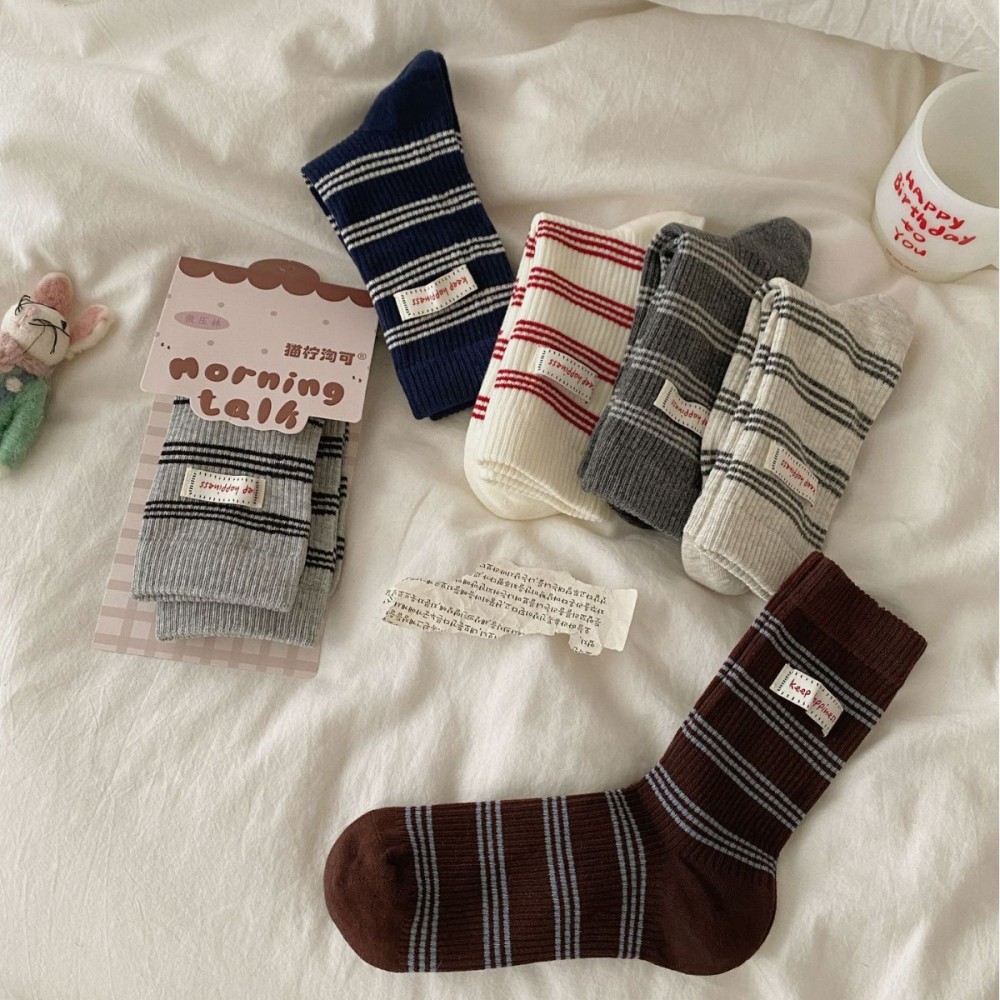 Chaussettes Mi-Mollet À Rayures Et Lettres Basiques Légèrement Rebondissantes h5Image2