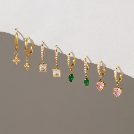 Boucles d'oreilles pendantes pour femme, élégantes, en forme de cœur et de trèfle, en acier inoxydable étanche, couleur or et zircon. Collection Simple. 2
