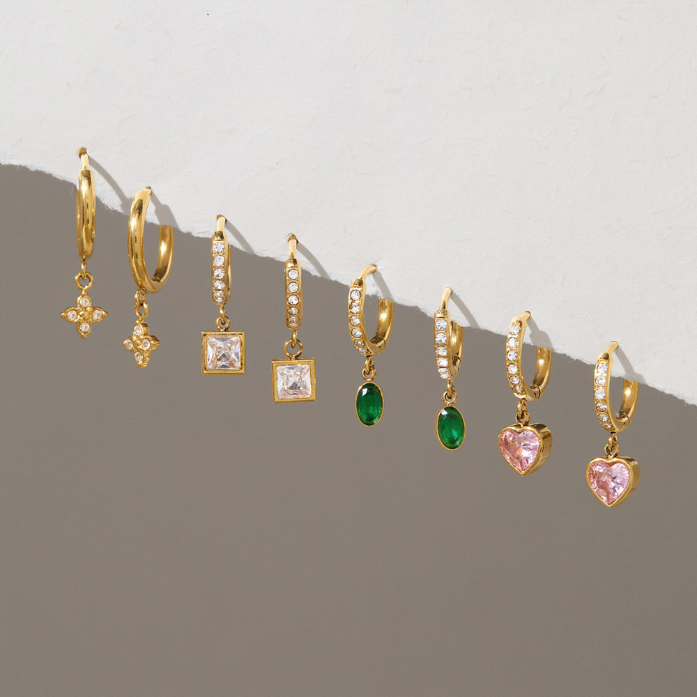 Boucles D'Oreilles Pendantes Pour Femme, Élégantes, En Forme De Cœur Et De Trèfle, En Acier Inoxydable Étanche, Couleur Or Et Zircon. Collection Simple. h5Image2