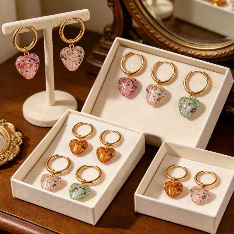 Boucles D'Oreilles Pendantes Pour Femmes, En Acier Inoxydable Doré, Style Simple, Mignonnes, En Forme De Cœur Et De Cercle, Dégradé De Couleurs. Design Mignon, Cœur Et Cercle. Couleurs Dégradées. Acier Inoxydable Étanche. Couleur Dorée. Image2
