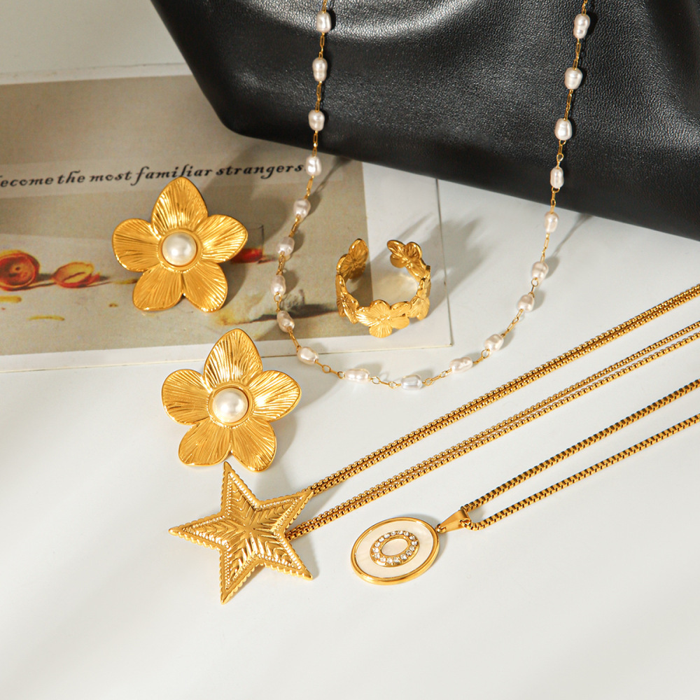 Ensembles De Bijoux Pour Femmes Simple Series Daily Flower En Acier Inoxydable De Forme Irrégulière Et Couleur Or, Étanches. h5Image3
