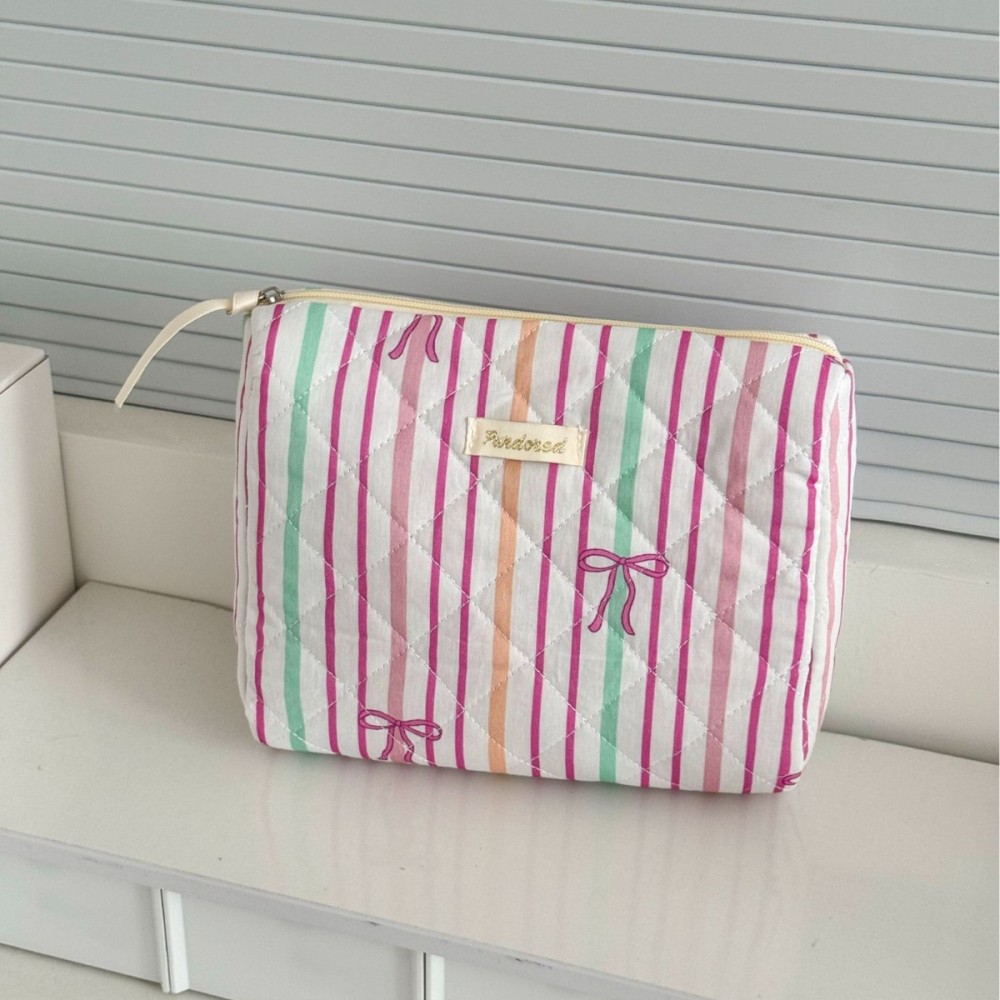 Trousse À Maquillage En Coton Rayé Multicolore Avec Nœud Papillon Pour Femme Image4