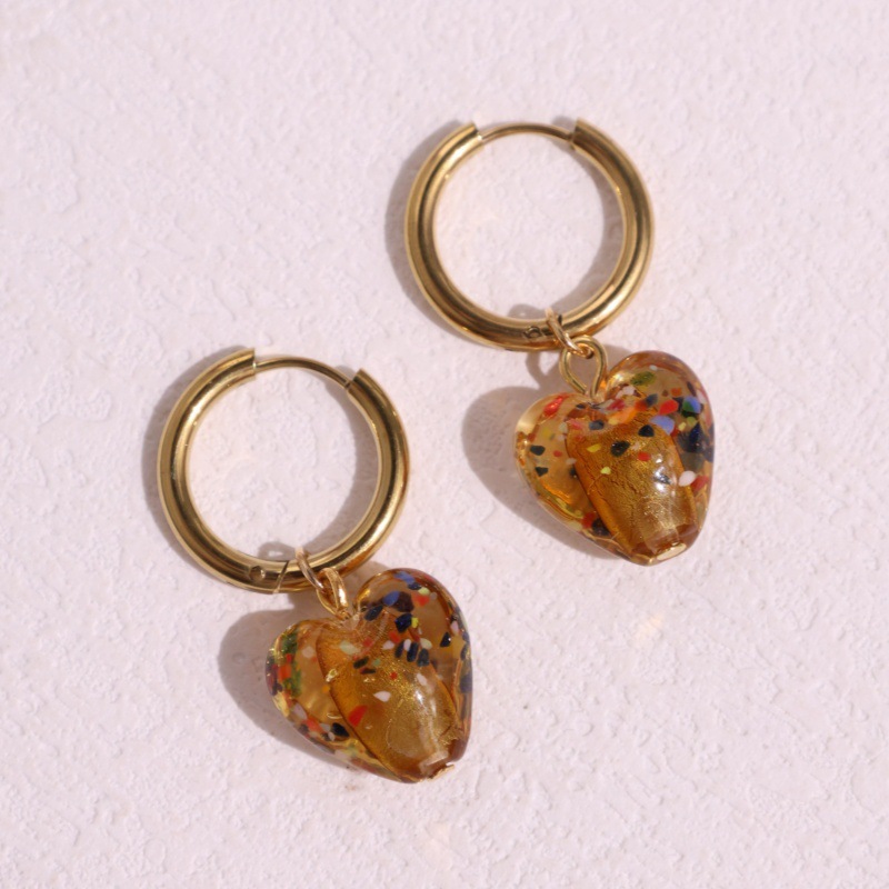 Boucles D'Oreilles Pendantes Pour Femmes, En Acier Inoxydable Doré, Style Simple, Mignonnes, En Forme De Cœur Et De Cercle, Dégradé De Couleurs. Design Mignon, Cœur Et Cercle. Couleurs Dégradées. Acier Inoxydable Étanche. Couleur Dorée. 