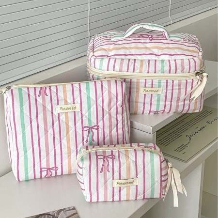 Trousse à maquillage en coton rayé multicolore avec nœud papillon pour femme