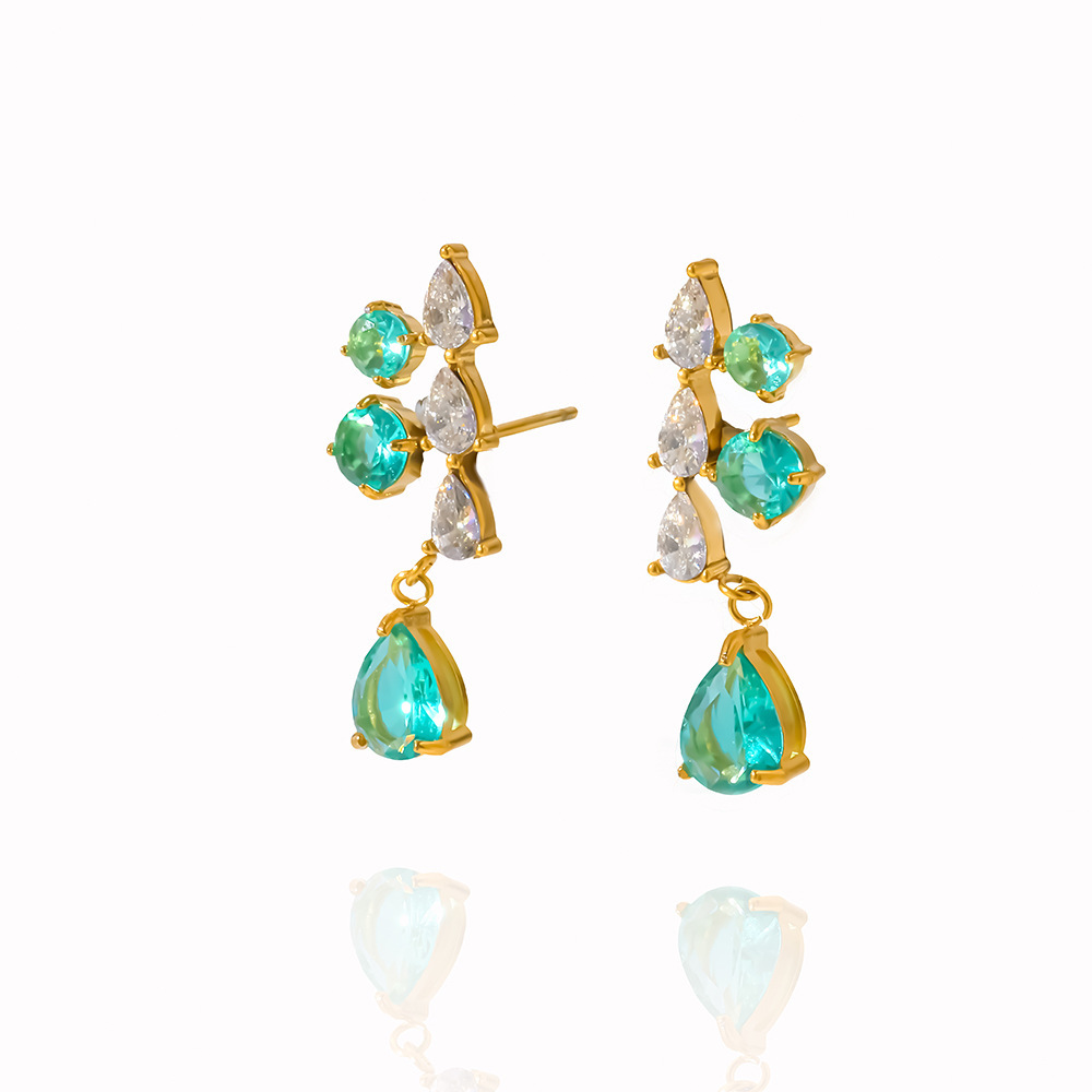 Boucles D'Oreilles Pendantes Pour Femme, Forme Géométrique Goutte D'Eau, En Acier Inoxydable Étanche, Couleur Or, Zircon. Collection Simple. Image4