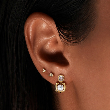 Boucles d'oreilles puces élégantes en forme de rectangle patchwork, en acier inoxydable imperméable, couleur or, avec zircon, collection Luxueuse