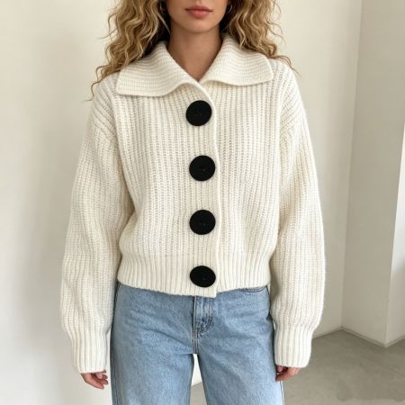 Cardigan rétro uni à boutons en maille droite 2