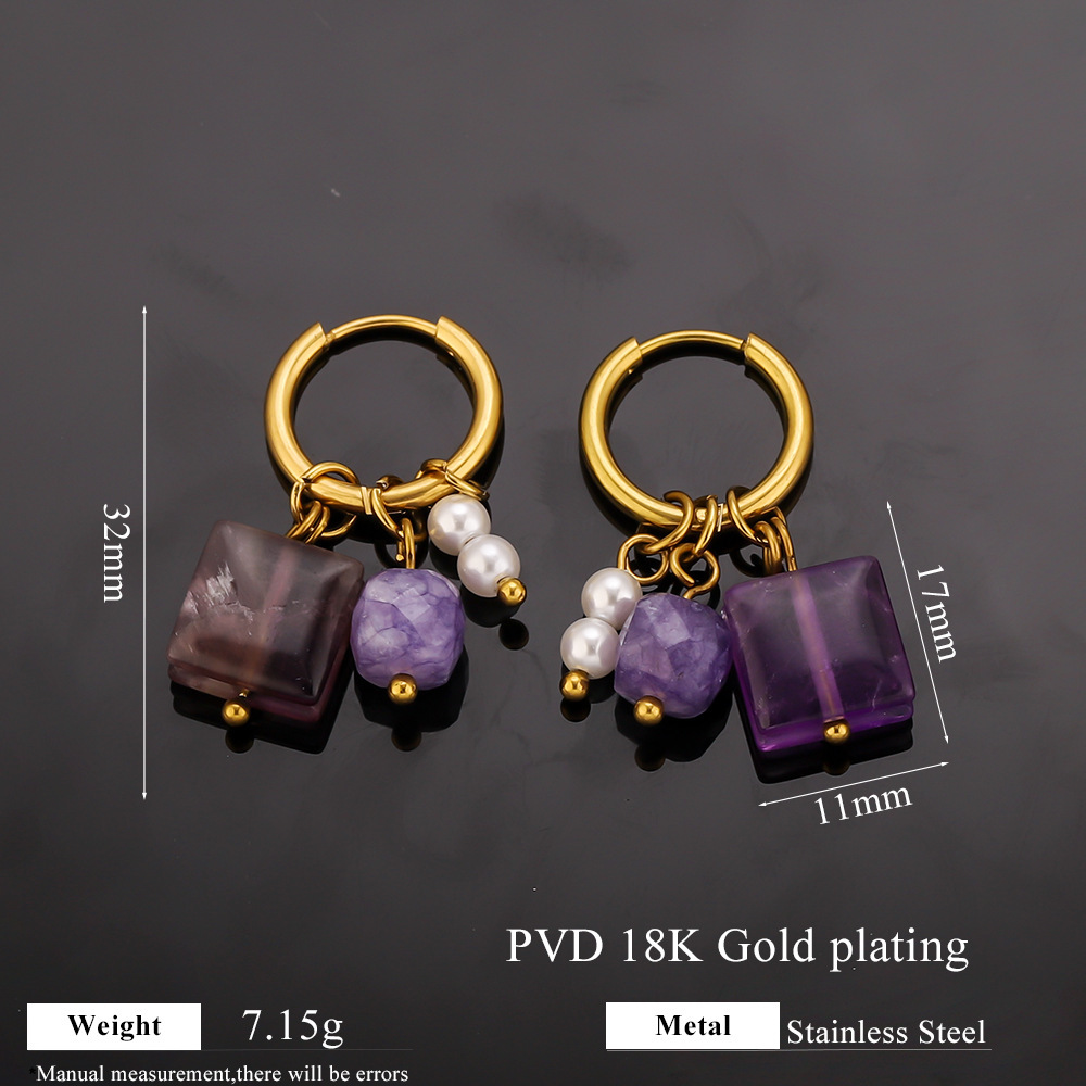 Boucles D'Oreilles Pendantes Pour Femme, Style Romantique, En Acier Inoxydable Rectangulaire, Étanches, Couleur Or, Avec Pierres Naturelles.