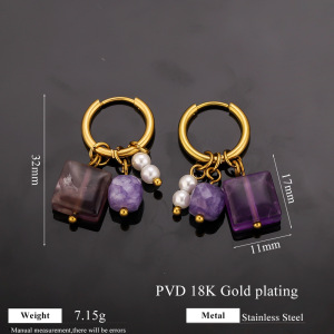Boucles D'Oreilles Pendantes Pour Femme, Style Romantique, En Acier Inoxydable Rectangulaire, Étanches, Couleur Or, Avec Pierres Naturelles. h5