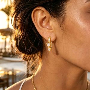 Boucles D'Oreilles Puces Pour Femmes Simple Series Daily Droplet En Acier Inoxydable Étanche Couleur Or Et Zircon h5 Image2