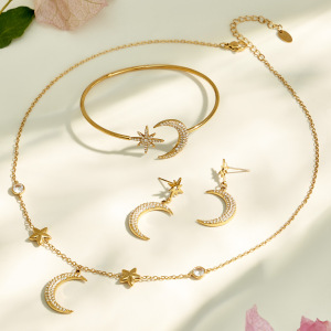 Ensembles De Bijoux Pour Femmes De La Série Luxueuse, Simples Et Irréguliers, En Acier Inoxydable, Étanches, Couleur Or, Avec Zircon, Motif Étoile Et Lune. h5 Image3